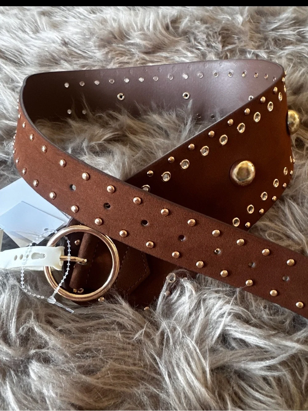 Tan faux suede western belt chunky gold studs chic cowgirl wide belt rare